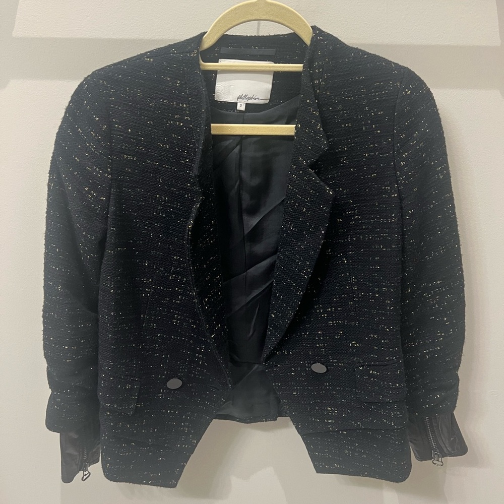 3.1 Phillip Lim Double Breasted Blazer Jacket in Black/Gold Sparkle, Size 2